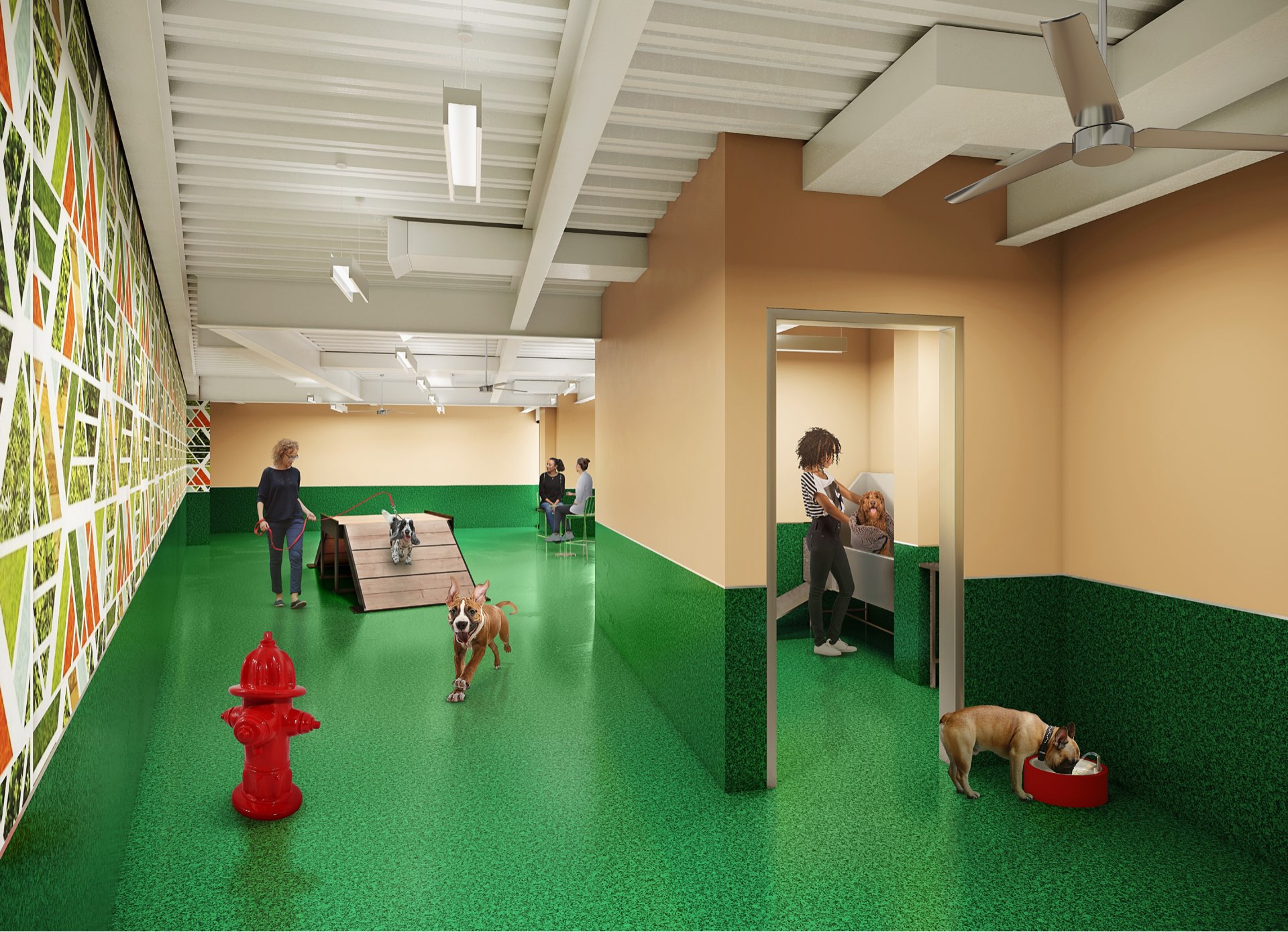 An indoor dog run provides convenience for residents and pets alike.